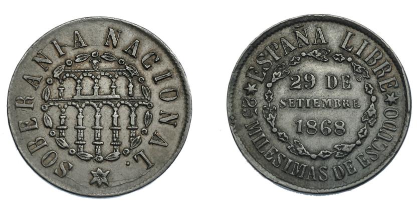 936   -  GOBIERNO PROVISIONAL Y I REPÚBLICA. 25 milésimas de escudo. 1868. VII-7. MBC+.