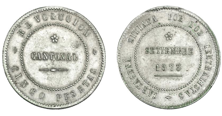 938   -  REVOLUCIÓN CANTONAL. 5 pesetas. 1873. Cartagena. No coincidente con eje horizontal. VII-30.1. MBC+.