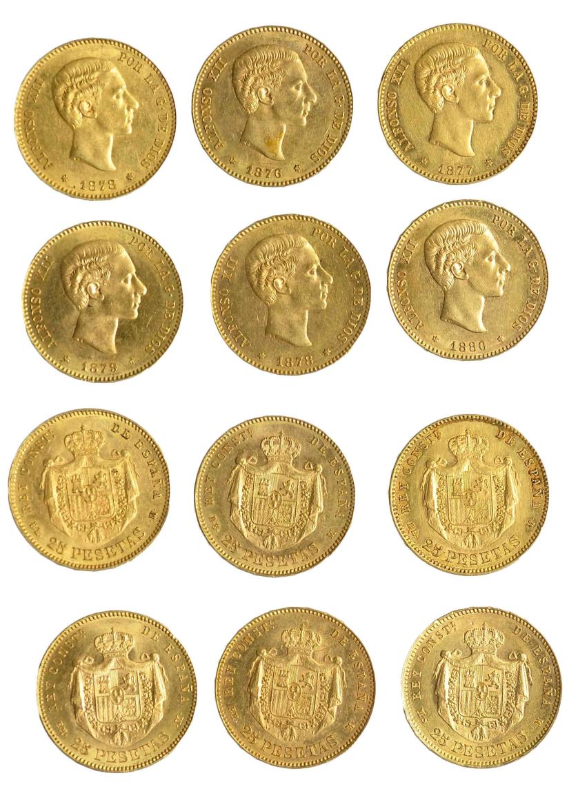 939   -  ALFONSO XII. Colección de 25 pesetas: 1876, 1877, 1878 DEM, 1878 EMM, 1879 y 1880. Total 6 piezas. EBC/EBC+. 