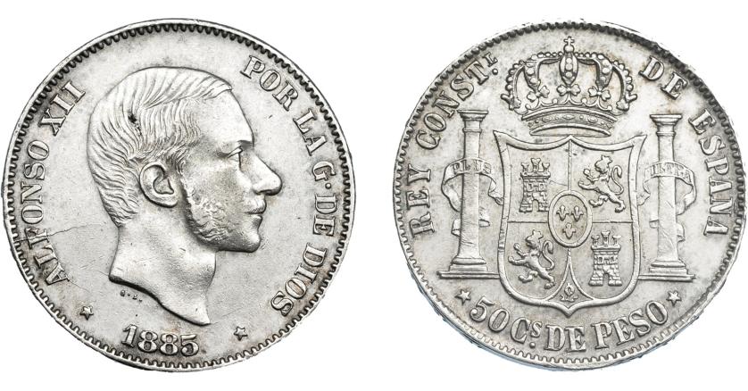 944   -  ALFONSO XII. 50 centavos de peso. 1885. Manila. VII-80. MBC+.