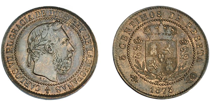 945   -  CARLOS VII. 5 céntimos. 1875. Bruselas. No coincidente sobre eje horizontal. VII-116.1. R.B.O. Acuñación floja. EBC-.