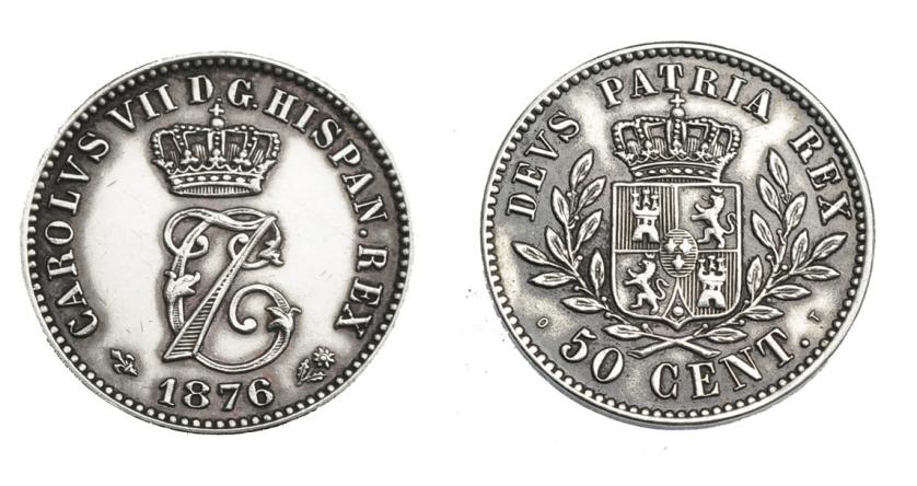 947   -  CARLOS VII. 50 céntimos. 1876. Bruselas. VII-120. EBC. Muy escasa.