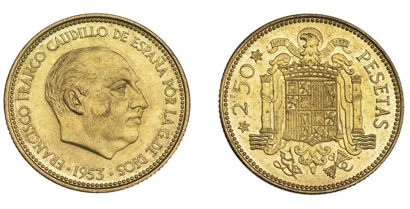 952   -  FRANCISCO FRANCO.  2,5 pesetas. 1953* 19-69. Madrid. VII-345. Rozadura en anv. en la mejilla. EBC+.
