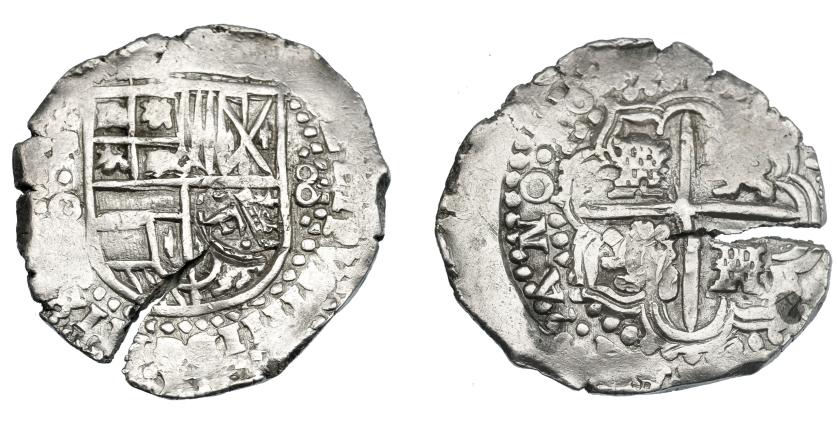 955   -  COLECCIÓN DE RESELLOS. FELIPE IV. 7 1/2 reales. Resello F coronada sobre 8 reales 164(9) Potosí. Marca punto dentro de círculo. KM-C.19.3. Cospel abierto. MBC.