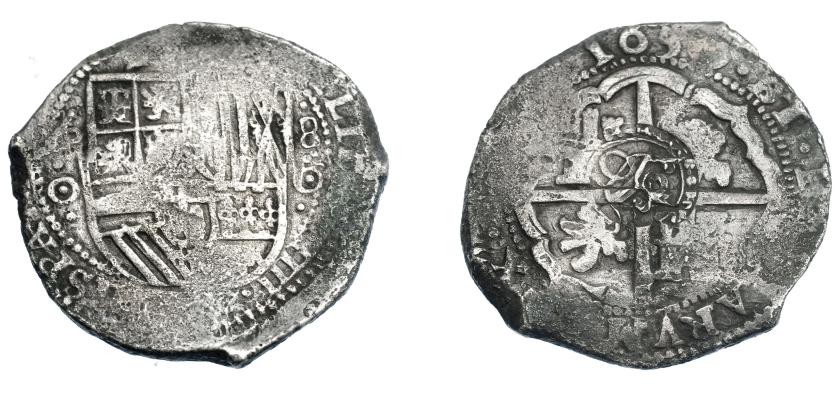 956   -  COLECCIÓN DE RESELLOS. FELIPE IV. 7 1/2 reales. Resello O coronada sobre 8 reales 1650 Potosí, marcas punto dentro de círculo. KM-C19.4. MBC-.