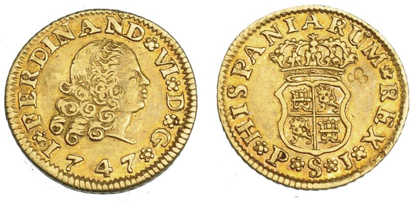 958   -  COLECCIÓN DE RESELLOS. FERNANDO VI. 1/2 escudo. 1747. Sevilla. PJ. VI-421. Resello flor de 4 pétalos. MBC/MBC+.