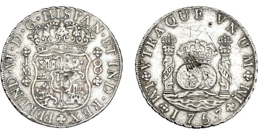 959   -  COLECCIÓN DE RESELLOS. FERNANDO VI. 8 reales 1757. Lima. JM. Resello oriental. VI-351. Grafito y finas rayas. MBC.