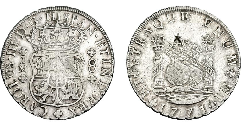 960   -  COLECCIÓN DE RESELLOS. CARLOS III. 8 reales 1771. Lima. JM. Resello oriental. VI-883. Rayas de ajuste. MBC.