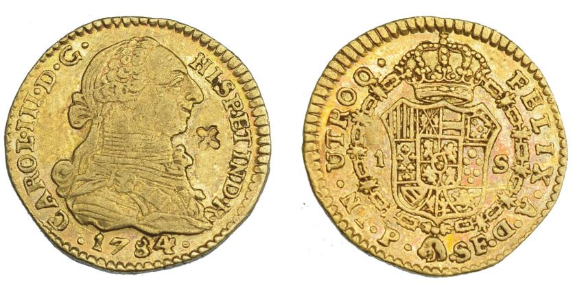 961   -  COLECCIÓN DE RESELLOS. CARLOS III. Escudo. 1784. Popayán. SF. VI-1207. Resello flor de 4 pétalos. MBC.
