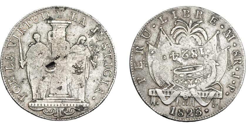 962   -  COLECCIÓN DE RESELLOS. FERNANDO VII. 8 reales. Resello 1824 coronado sobre 8 reales 1823 Lima JP. Resellos chinos en anv. VI-1058. KM-130 (Perú). MBC.