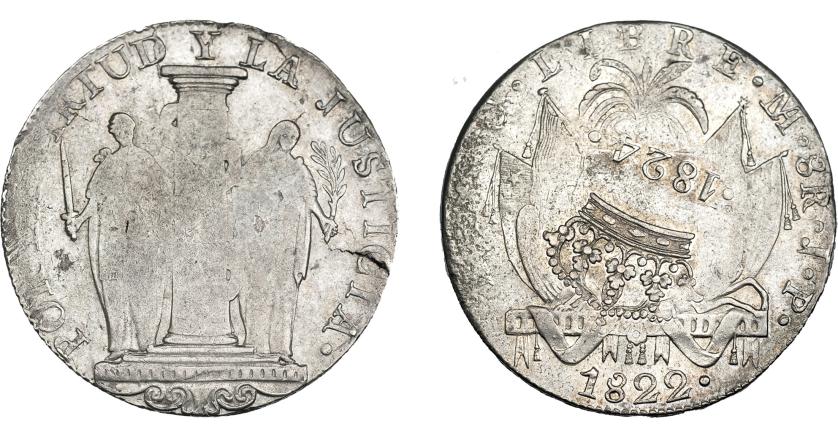 963   -  COLECCIÓN DE RESELLOS. FERNANDO VII. 8 reales. Resello 1824 coronado sobre 8 reales 1822 Lima JP. VI-1057. KM-130 (Perú). Pequeña grieta en rev. R.B.O. MBC+.