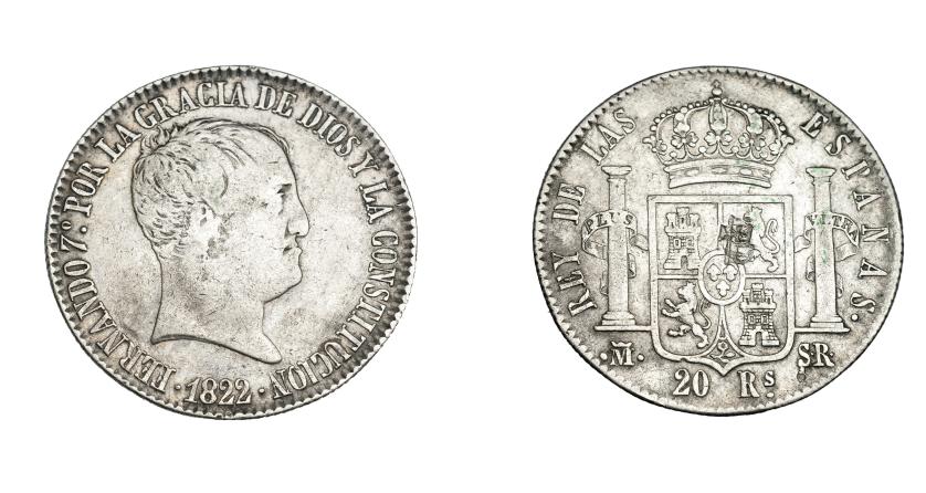 964   -  COLECCIÓN DE RESELLOS. FERNANDO VII. 20 reales. 1822. Madrid, SR. VI-1076. Resello chino en rev. MBC-/MBC.