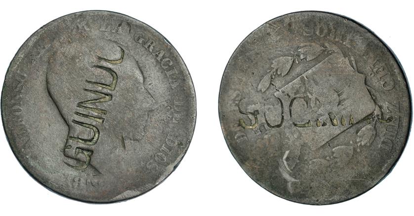 965   -  COLECCIÓN DE RESELLOS. ALFONSO XII. 10 céntimos. 187-- con resello GUINDO en anv. y SOC… en rev. La moneda RC, el resello MBC.