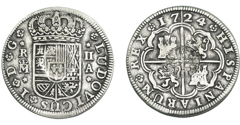 969   -  COLECCIÓN DE RESELLOS. AZORES. 300 reis resello G. P. coronadas sobre 2 reales 1724 Luis I Madrid A. KM-25.1. Gomes-no. Resello tenue. MBC-.