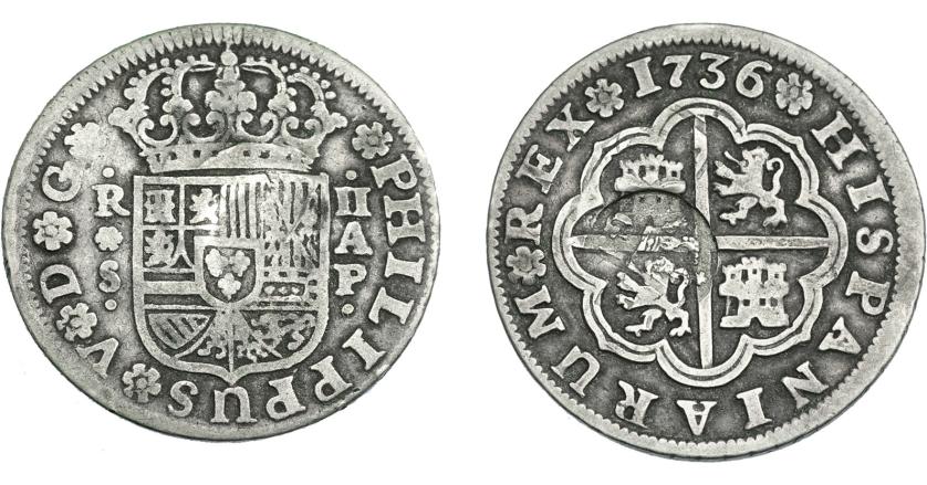 970   -  COLECCIÓN DE RESELLOS. AZORES. 300 reis resello G. P. coronadas sobre 2 reales 1736 Sevilla AP. KM-no. Gomes-29.07. Resello tenue. MBC-.