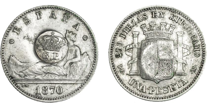 972   -  COLECCIÓN DE RESELLOS. AZORES. 300 reis resello G. P. coronadas sobre 1 peseta 1870 *18-73, Madrid DEM. KM-no. Gomes-no. La moneda MBC+, el resello EBC.