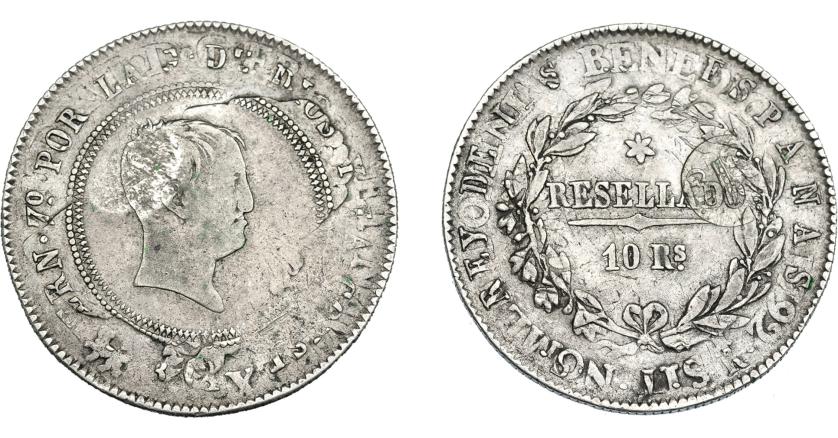 973   -  COLECCIÓN DE RESELLOS. AZORES. 600 reis resello G. P. coronadas sobre 10 reales 1821 Madrid SA. KM-no. Gomes-no. MBc-/MBC.
