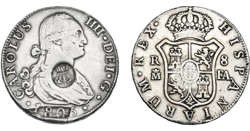 974   -  COLECCIÓN DE RESELLOS. AZORES. 1200 reis resello G. P. coronadas sobre 8 reales 1805 Madrid FA. KM-no. Gomes-31.08. Hoja en anv. MBC.