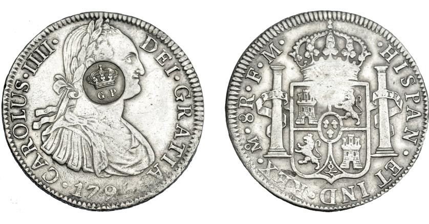 975   -  COLECCIÓN DE RESELLOS. AZORES. 1200 reis resello G. P. coronadas sobre 8 reales 1795 México FM. KM-no. Gomes-31.09. MBC.