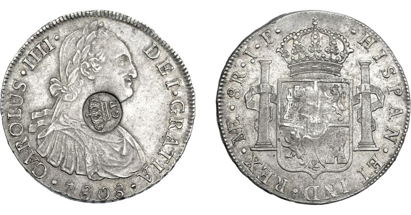 976   -  COLECCIÓN DE RESELLOS. AZORES. 1200 reis resello G. P. coronadas sobre 8 reales 1808 Lima JP. KM-no. Gomes-no. MBC+.