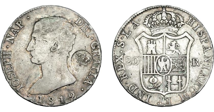 977   -  COLECCIÓN DE RESELLOS. AZORES. 1200 reis resello G. P. coronadas sobre 20 reales 1812 Sevilla LA. KM-29.4. Gomes-31.24. La moneda BC+, el resello MBC.