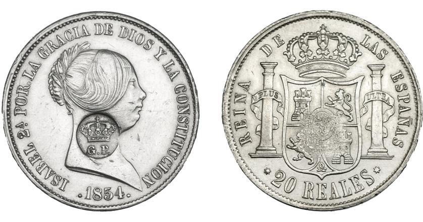 978   -  COLECCIÓN DE RESELLOS. AZORES. 1200 reis resello G. P. coronadas sobre 20 reales 1854 Sevilla. KM-no. Gomes-31.25. MBC+.