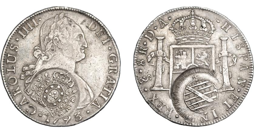 982   -  COLECCIÓN DE RESELLOS. BRASIL. 960 reis resello bifacial sobre 8 reales 1793 Santiago DA. KM-243. Gomes-115.04. Rara. MBC.