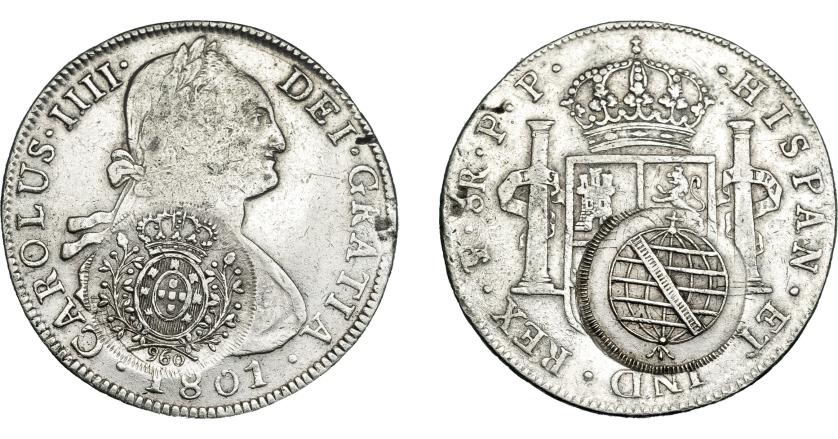 986   -  COLECCIÓN DE RESELLOS. BRASIL. 960 reis resello bifacial sobre 8 reales 1801 Potosí PP. KM-251. Gomes-115.02. La moneda MBC, los resellos MBC+.