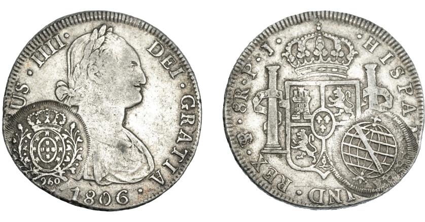 989   -  COLECCIÓN DE RESELLOS. BRASIL. 960 reis resello bifacial sobre 8 reales 1806 Potosí PJ. KM-251. Gomes-115.02. La moneda MBC-, los resellos MBC.