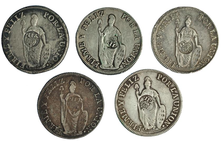 995   -  COLECCIÓN DE RESELLOS. FILIPINAS. 8 reales. Resello Y.II. coronado sobre 8 reales 1833, 1834 (2) y 1835 (2) Lima. KM-138.2. Total 5 piezas. MBC-/MBC.