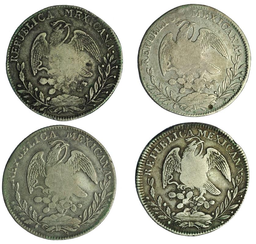 996   -  COLECCIÓN DE RESELLOS. FILIPINAS. 8 reales. Resello Y.II. coronado sobre 8 reales 1830, 1831, 1832 y 1833 Zacatecas. Total 4 piezas. Calidad media MBC.