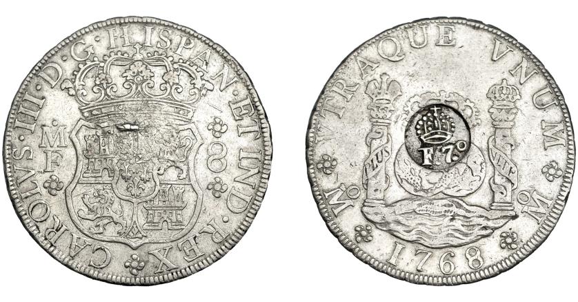 997   -  COLECCIÓN DE RESELLOS. FILIPINAS. 8 reales. Resello F 7º coronado sobre 8 reales 1768 México MF. KM-59. MBC. Rara.