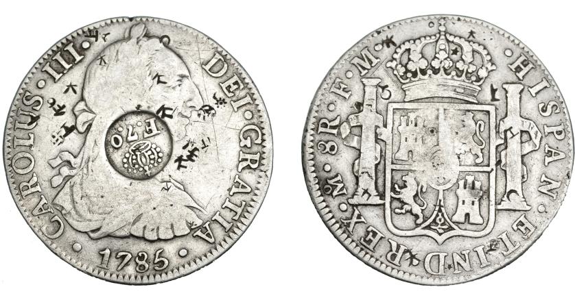 998   -  COLECCIÓN DE RESELLOS. FILIPINAS. 8 reales. Resello F 7º coronado sobre 8 reales 1785 México FM. KM-60. Resellos chinos. BC+/MBC-.