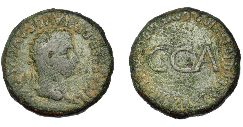 1120   -  HISPANIA ANTIGUA. CAESARAUGUSTA. Tiberio. Dupondio. A/ Cabeza laureada a der.; TI CAESAR DIVI AVG F AVGVSTVS. R/ C C A, alrededor T CAECILIO LEPIDO C AVFIDIO GEMELLO II VIR. AE 22,75 g. 33,4 mm. I-348. APRH-365. ACIP-3094. Múltiples rayitas. BC+. Rara. Ex Áureo, 18-10-1994, lote 24.