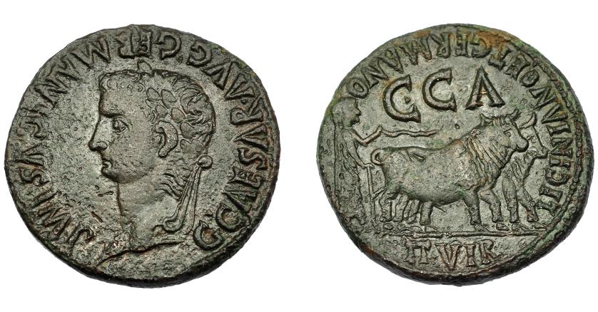 1122   -  HISPANIA ANTIGUA. CAESARAUGUSTA. CalÍgula. As. A/ Cabeza laureada a der.; C CAESAR AVG GERMANICVS IMP. R/ Yunta fundacional a der., encima C C A; LICINIANO ET GERMANO II VIR. 12,62 g. 28,2 mm. I-391. APRH-371b. ACIP-3100a. Pátina marrón rugosa. MBC+.