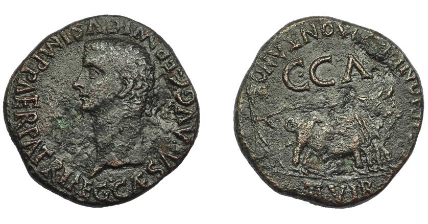 1123   -  HISPANIA ANTIGUA. CAESARAUGUSTA. Calígula. As. A/ Cabeza a izq.; G CAESAR AVG GERMANICVS IMP PATER PATRIAE. R/ Yunta fundacional a der.; encima C C A; SCIPIONE ET MONTANO II VIR. AE 12,51 g. 28,5 mm. I-387. APRH-375a. ACIP-3104. Erosiones. Pátina oscura. MBC-. Ex Áureo, 16-3-1993, lote 2093.