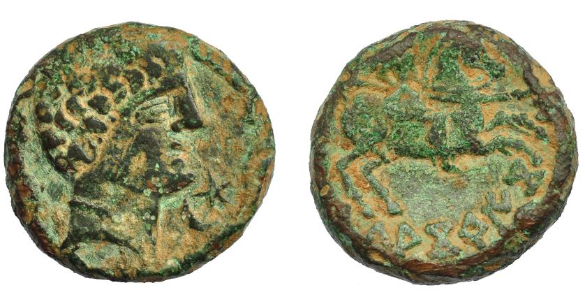 1128   -  HISPANIA ANTIGUA. KALAKORIKOS. Unidad. A/ Cabeza masculina a der., delante estrella de cinco puntas y creciente, detrás delfín. R/ Jinete lancero a der., debajo KaLAKoRIKoS. AE 13,71 g. 24,9 mm. I-402. ACIP-1790. Pequeñas erosiones y concreciones. Pátina verde irregular. MBC-. Ex Áureo, 21-5-1998, lote 336.