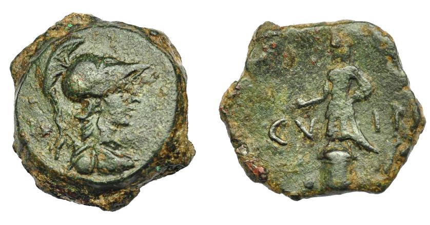 1188   -  HISPANIA ANTIGUA. CARTHAGO NOVA. Semis. Fines s. I a.C.-s. I-d.C. A/ Cabeza de Palas a der. R/ Estatua sobre pedestal a izq.; en campo C V -I N. AE 8,09 g. 22 mm. I-571. APRH-151. ACIP-2531. Pátina verde oscuro. MBC+/MBC.