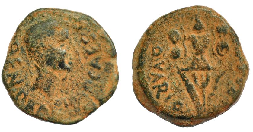 1193   -  HISPANIA ANTIGUA. CARTHAGO NOVA. Augusto. Semis. A/ Cabeza a der.; (L) BEN PARA(E IM)P CAES (QVIN). R/ Trofeo; Q VARIO (PRAEF). AE 5,32 g. 20,8 mm. I-588. APRH-163. ACIP-3133. Pátina verde oscuro. BC+. Ex Herrrero, 14-3-1996.