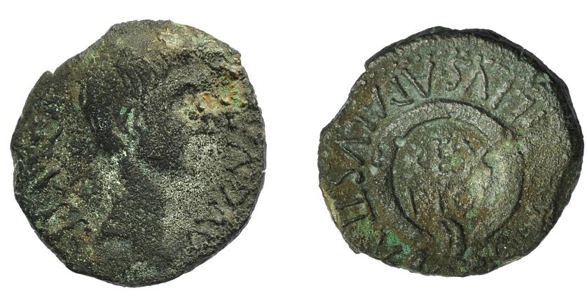 1198   -  HISPANIA ANTIGUA. CARTHAGO NOVA. Semis. A/ Cabeza a der. AVGV(STVS-DIVIF). R/ Corona rodeando REX/PTOL; (C LAE)TILIVS APALVS II V Q. AE3,97 g. 19,4 mm. I-590. APRH-172a. ACIP-3142. Pátina oscura. BC/MBC-.Ex Pliego, 7-12-2000.