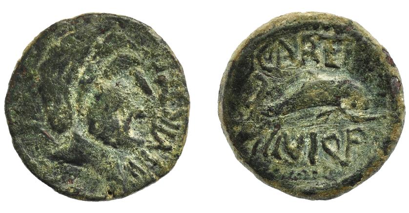 1215   -  HISPANIA ANTIGUA. CARTEIA. Cuadrante. A/ Cabeza de Neptuno a der., delante IIII VIR (TER). R/ Delfín a der., encima CARTEI, debajo C MINI Q F. AE 4,15 g. 19,7 mm. I-626 (vte.). ACIP-2599. Campos repasados. Pátina verde. BC+.