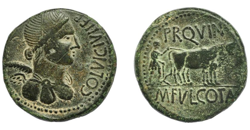 1273   -  HISPANIA ANTIGUA. CELSA. As. A/ Busto de Victoria con palma a der.; delante COL VIC IVL LEP. R/ Yunta fundacional a der., encima PR QVIN, debajo M FVL COTA(C). AE 14,86 g. 29,6 mm. I-796. APRH-261. ACIP-1491. Rayita en anv. Pátina verde oscuro. MBC-/MBC.