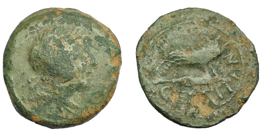 1291   -  HISPANIA ANTIGUA. CELTITAN. As. A/ Cabeza masculina diademada a der. R/ Jabalí sobre punta de lanza a der.; CELTITAN. AE 20,72 g. 31,7 mm. I-822. ACIP-2427. Pátina verde con erosiones. BC/BC+. Rara.