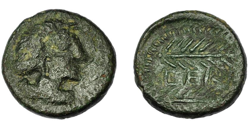 1293   -  HISPANIA ANTIGUA. CERIT. Semis. A/ Cabeza femenina laureada a der. R/ Dos espigas a der., en medio CERI. AE 5,98 g. 19,3 mm. I-824. ACIP-2414. Pátina verde oscuro. BC+/MBC. Ex Áureo, 21-10-1997, lote 894.