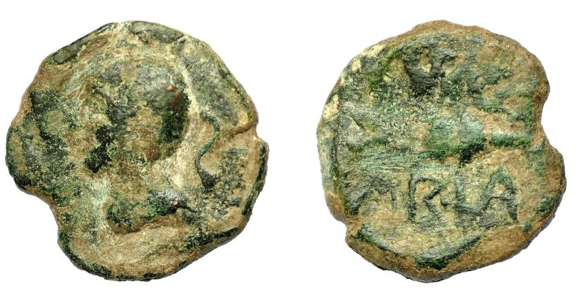 1319   -  HISPANIA ANTIGUA. CUMBARIA. Semis. A/ Cabeza masculina a izq., detrás S. R/ Atún a der., (C)V(NB)/ARIA. AE 6,3 g. 21,11 mm. I-877. ACIP-2622. Cospel irregular. Pátina verde. BC-. Rarísima.