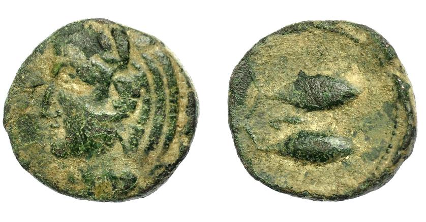 1383   -  HISPANIA ANTIGUA. GADIR. Mitad. A/ Cabeza de Melkart con leonté a izq. R/ Dos atunes a izquierda, en medio letra bet. AE 4,99 g. 18,1 mm. I-No. ACIP-639. Pátina verde. BC+/MBC-. 