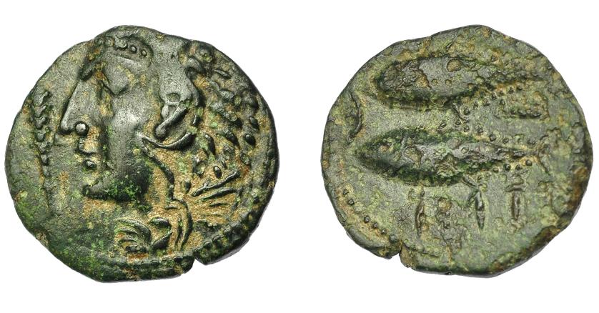 1393   -  HISPANIA ANTIGUA. GADIR. Mitad. A/ Cabeza de Melkart con leonté a izq. R/ Dos atunes a izquierda, en medio creciente con glóbulo y aleph, encima y debajo mp´l/´gdr. AE 3,62 g. 19,3 mm. I-1347. ACIP-688. Pátina oscura con erosiones. MBC+/MBC-. 