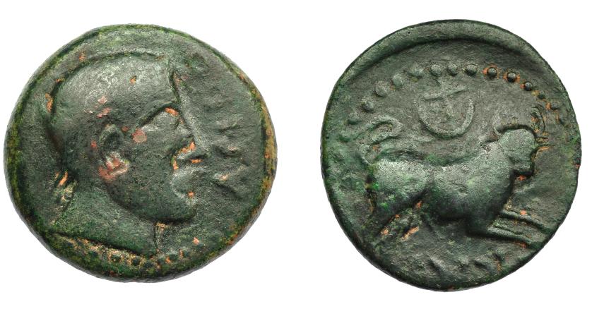 1044   -  HISPANIA ANTIGUA. ASIDO. As. A/ Cabeza masculina con ínfulas a der.; delante ASIDO. R/ Toro saltando a der.; encima creciente y estrella, debajo ´sdnbl. AE 18,48 g. 28,9 mm. I-153. ACIP-913. Pátina verde oscuro. BC+/MBC-. Muy escasa. Ex Vico, 02-03-09, lote 22.