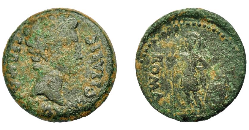 1485   -  HISPANIA ANTIGUA. ITALICA. As. Augusto. A/ Cabeza a der.; PERM AVG (MVNI)C ITALIC. R/ Roma a izq., con escudo y lanza; ROMA. AE 10,46 g. 26,48 mm. I-1584. APRH-61. ACIP-3329. Pátina verde. BC+.