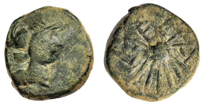 1509   -  HISPANIA ANTIGUA. LAELIA. Semis. A/ Cabeza con casco a der. R/ Palma; LAELIA. AE 7,35 g. 19,88 mm. I-1651. ACIP-2363. Pátina oscura. BC/BC+. Rara.